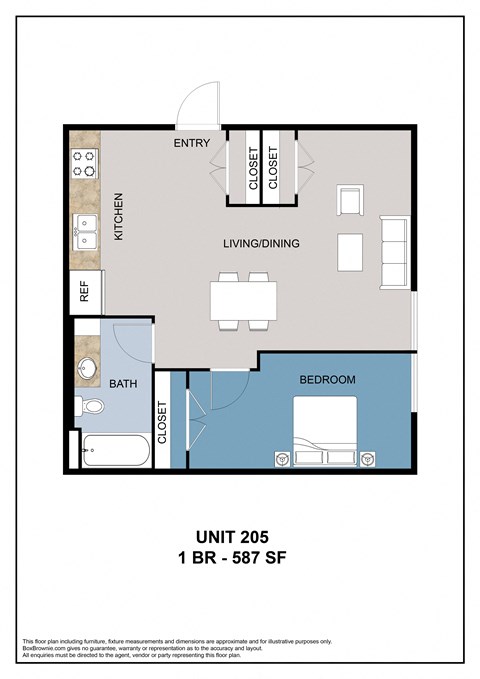 Floor plan for 1 bed, 1 bath, 563 sqft